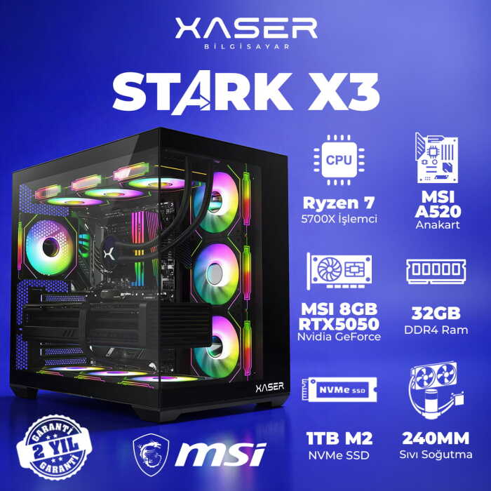 Xaser STARK X3 Ryzen 7 5700X 32GB Ram 1TB M.2 NVMe SSD 8GB RTX5050 Sıvı Soğutmalı Oyuncu Bilgisayarı - 1