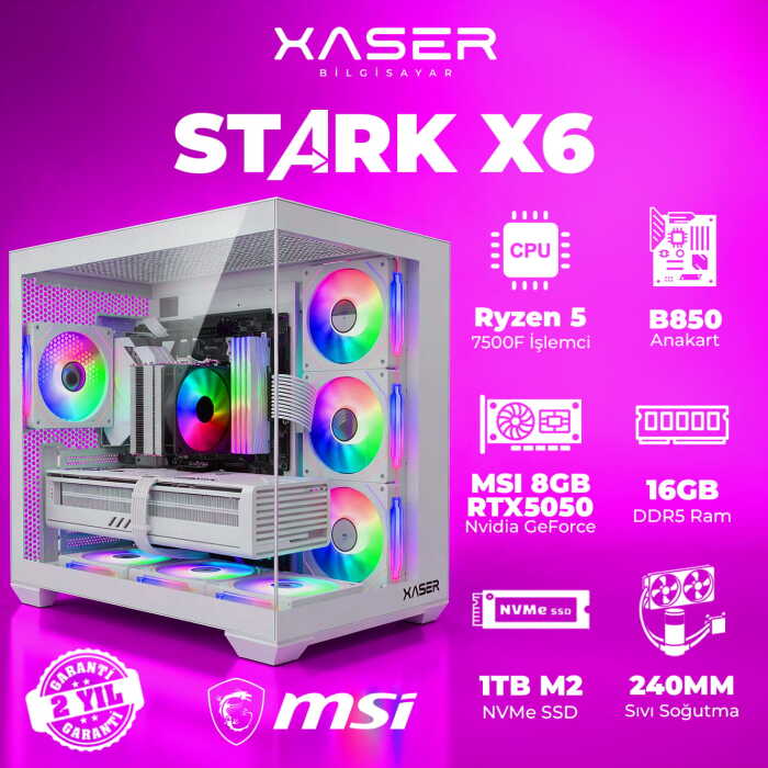 Xaser STARK X6 Ryzen 5 7500F 16GB Ram 1TB M.2 NVMe SSD 8GB RTX5050 Sıvı Soğutmalı Oyuncu Bilgisayarı - 1