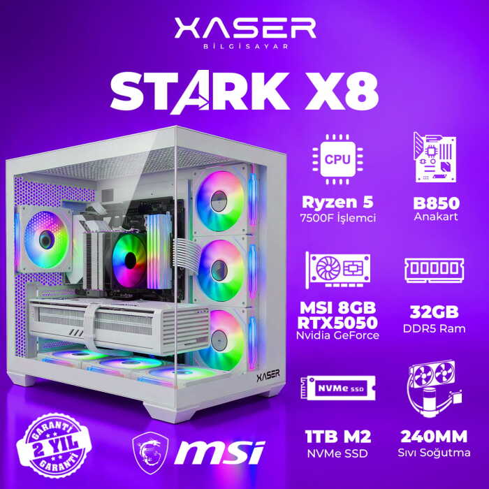 Xaser STARK X8 Ryzen 5 7500F 32GB Ram 1TB M.2 NVMe SSD 8GB RTX5050 Sıvı Soğutmalı Oyuncu Bilgisayarı - 1
