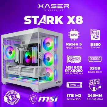 Xaser STARK X8 Ryzen 5 7500F 32GB Ram 1TB M.2 NVMe SSD 8GB RTX5050 Sıvı Soğutmalı Oyuncu Bilgisayarı - Xaser