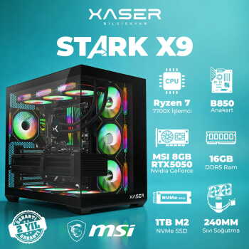 Xaser STARK X9 Ryzen 7 7700X 16GB Ram 1TB M.2 NVMe SSD 8GB RTX5050 Sıvı Soğutmalı Oyuncu Bilgisayarı - Xaser