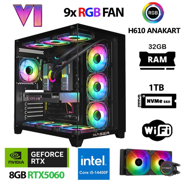 Xaser Sword X170 i5 14400F 32GB Ram 1TB M.2 NVMe SSD 8GB RTX5060 Sıvı Soğutmalı Oyuncu Tavsiye Sistem - 1