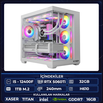 Xaser Thor X60 i5 12400F 32GB Ram 1TB M.2 NVMe SSD 16GB RTX5060Ti Sıvı Soğutmalı Oyuncu Hazır Tavsiye Sistem - Xaser