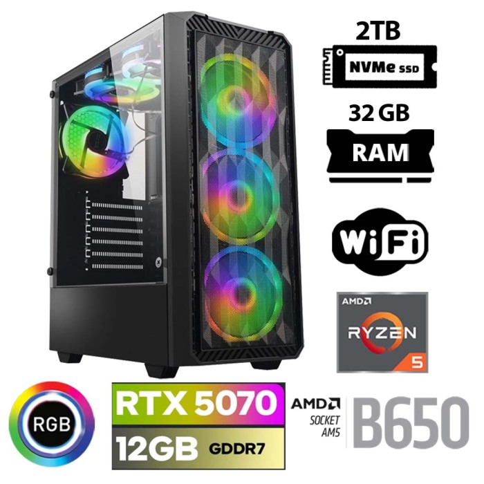 Xaser Thunder x40 Ryzen 5 7500F 32GB DDR5 Ram 2TB M.2 NVMe SSD 12GB RTX5070 Oyuncu Tavsiye Sistem - 1