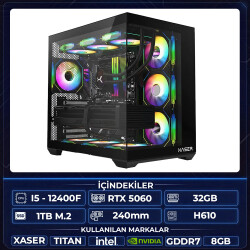 Xaser Titan X50 i5 12400F 32GB Ram 1TB M.2 NVMe SSD 8GB RTX5060 Sıvı Soğutmalı Oyuncu Hazır Tavsiye Sistem - Xaser
