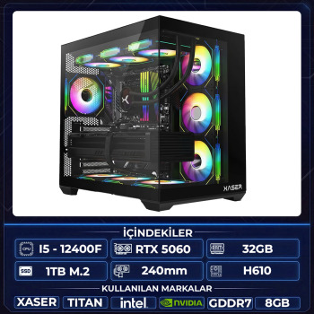 Xaser Titan X50 i5 12400F 32GB Ram 1TB M.2 NVMe SSD 8GB RTX5060 Sıvı Soğutmalı Oyuncu Hazır Tavsiye Sistem - Xaser