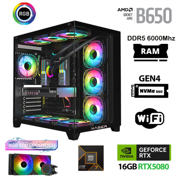 Xaser Velox x190 Ryzen 7 7700 64GB DDR5 Ram 2TB M.2 NVMe SSD 16GB RTX5080 Oyuncu Tavsiye Sistem - 1