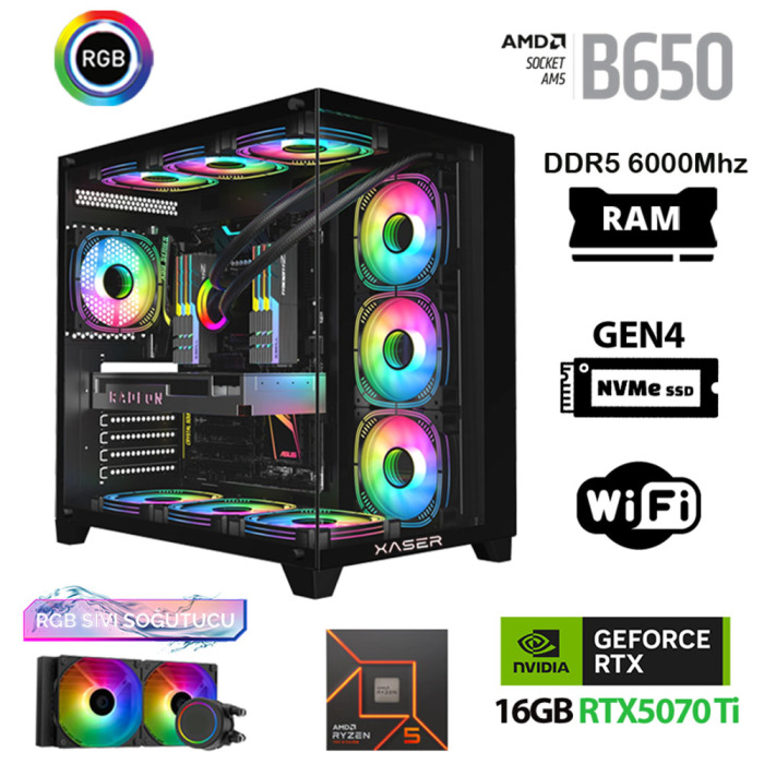 Xaser Velox x450 Ryzen 5 7600 32GB DDR5 Ram 1TB M.2 NVMe SSD 16GB RTX5070Ti Oyuncu Tavsiye Sistem - 1