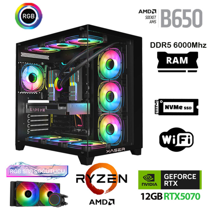 Xaser Velox x480 Ryzen 7 9700x 32GB DDR5 Ram 2TB M.2 NVMe SSD 12GB RTX5070 Sıvı Soğutmalı Oyuncu Tavsiye Sistem - 1