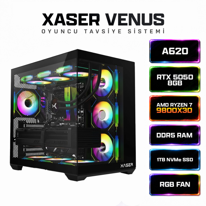 Xaser Venus X20 Ryzen 7 9800X3D 16GB DDR5 Ram 1TB M.2 NVMe SSD 8GB RTX5050 Sıvı Soğutmalı Oyuncu Bilgisayar - 1