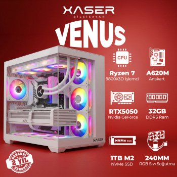 Xaser Venus X60 Ryzen 7 9800X3D 32GB DDR5 Ram 1TB M.2 NVMe SSD 8GB RTX5050 Sıvı Soğutmalı Oyuncu Bilgisayar - Xaser
