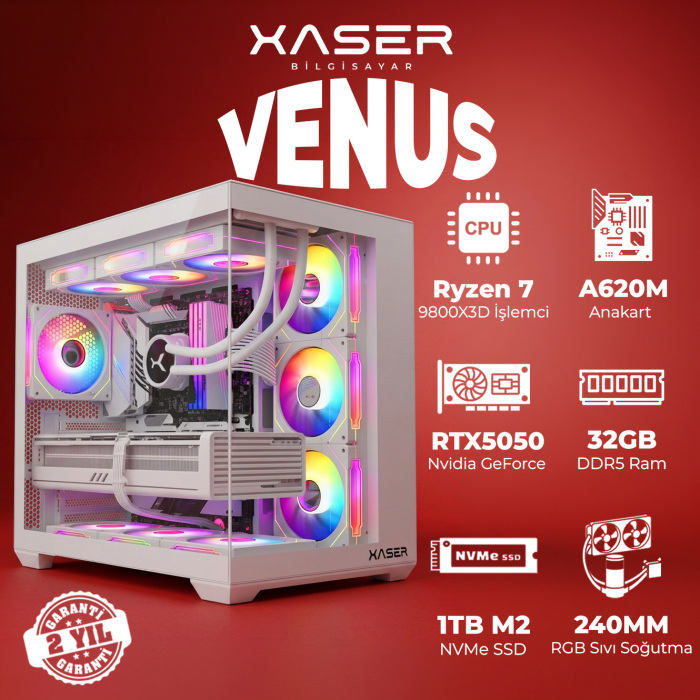 Xaser Venus X60 Ryzen 7 9800X3D 32GB DDR5 Ram 1TB M.2 NVMe SSD 8GB RTX5050 Sıvı Soğutmalı Oyuncu Bilgisayar - 1