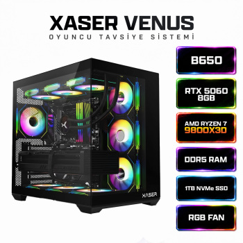 Xaser Venus X80 Ryzen 7 9800X3D 16GB DDR5 Ram 1TB M.2 NVMe SSD 8GB RTX5060 Sıvı Soğutmalı Oyuncu Bilgisayar - Xaser