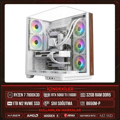 Xaser WOODEN X100 Ryzen 7 7800X3D 32GB DDR5 Ram 1TB M.2 NVMe SSD 16GB RTX5060 Ti Sıvı Soğutmalı Masaüstü Oyuncu OEM Bilgisayar - 1