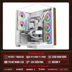 Xaser WOODEN X100 Ryzen 7 7800X3D 32GB DDR5 Ram 1TB M.2 NVMe SSD 16GB RTX5060 Ti Sıvı Soğutmalı Masaüstü Oyuncu OEM Bilgisayar - Xaser