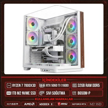 Xaser WOODEN X100 Ryzen 7 7800X3D 32GB DDR5 Ram 1TB M.2 NVMe SSD 16GB RTX5060 Ti Sıvı Soğutmalı Masaüstü Oyuncu OEM Bilgisayar - Xaser