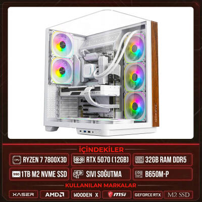 Xaser WOODEN X120 Ryzen 7 7800X3D 32GB DDR5 Ram 1TB M.2 NVMe SSD 12GB RTX5070 Sıvı Soğutmalı Masaüstü Oyuncu OEM Bilgisayar - 1