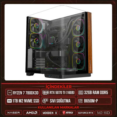 Xaser WOODEN X130 Ryzen 7 7800X3D 32GB DDR5 Ram 1TB M.2 NVMe SSD 16GB RTX5070 Ti Sıvı Soğutmalı Masaüstü Oyuncu OEM Bilgisayar - 1