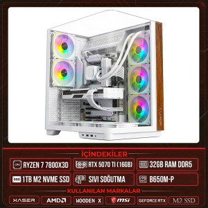 Xaser WOODEN X140 Ryzen 7 7800X3D 32GB DDR5 Ram 1TB M.2 NVMe SSD 16GB RTX5070 Ti Sıvı Soğutmalı Masaüstü Oyuncu OEM Bilgisayar - 1