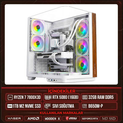 Xaser WOODEN X160 Ryzen 7 7800X3D 32GB DDR5 Ram 1TB M.2 NVMe SSD 16GB RTX5080 Sıvı Soğutmalı Masaüstü Oyuncu OEM Bilgisayar - 1