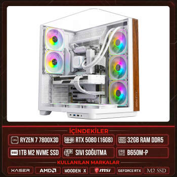 Xaser WOODEN X160 Ryzen 7 7800X3D 32GB DDR5 Ram 1TB M.2 NVMe SSD 16GB RTX5080 Sıvı Soğutmalı Masaüstü Oyuncu OEM Bilgisayar - Xaser