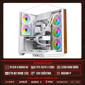 Xaser WOODEN X180 Ryzen 7 9800X3D 32GB DDR5 Ram 2TB M.2 NVMe SSD 12GB RTX5070 Sıvı Soğutmalı Masaüstü Oyuncu OEM Bilgisayar - Xaser