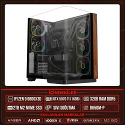 Xaser WOODEN X190 Ryzen 7 9800X3D 32GB DDR5 Ram 2TB M.2 NVMe SSD 16GB RTX5070 Ti Sıvı Soğutmalı Masaüstü Oyuncu OEM Bilgisayar - Xaser