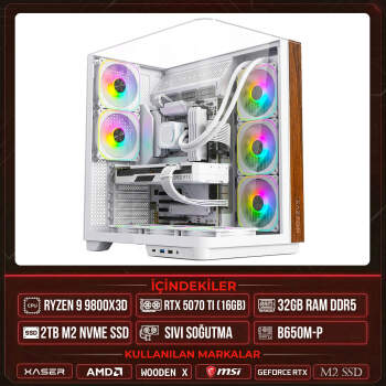 Xaser WOODEN X200 Ryzen 7 9800X3D 32GB DDR5 Ram 2TB M.2 NVMe SSD 16GB RTX5070 Ti Sıvı Soğutmalı Masaüstü Oyuncu OEM Bilgisayar - Xaser