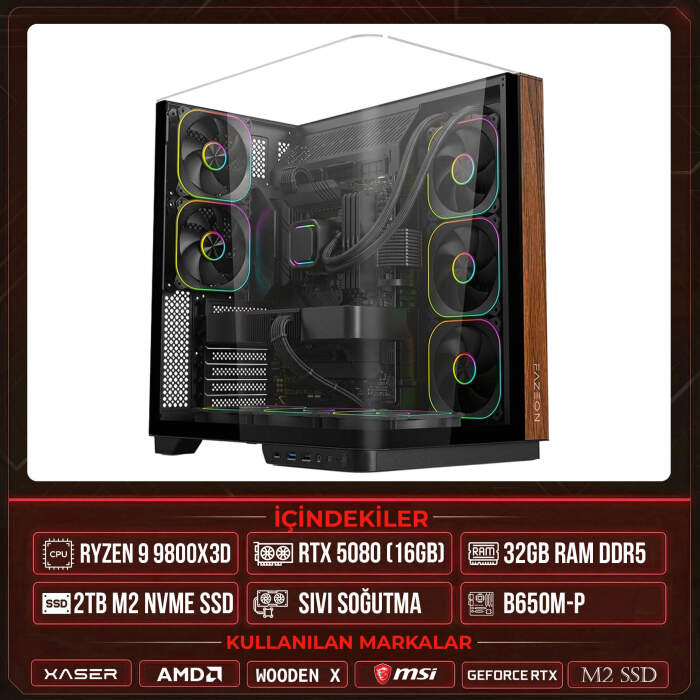 Xaser WOODEN X210 Ryzen 7 9800X3D 32GB DDR5 Ram 2TB M.2 NVMe SSD 16GB RTX5080 Sıvı Soğutmalı Masaüstü Oyuncu OEM Bilgisayar - 1