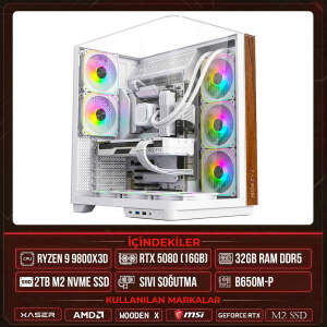 Xaser WOODEN X220 Ryzen 7 9800X3D 32GB DDR5 Ram 2TB M.2 NVMe SSD 16GB RTX5080 Sıvı Soğutmalı Masaüstü Oyuncu OEM Bilgisayar - Xaser
