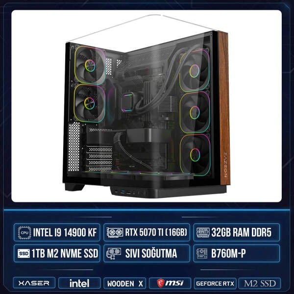Xaser WOODEN X250 i9 14900KF 32GB DDR5 Ram 1TB M.2 NVMe SSD 16GB RTX5070 Ti Sıvı Soğutmalı Masaüstü Oyuncu OEM Bilgisayar - 1