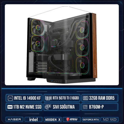 Xaser WOODEN X250 i9 14900KF 32GB DDR5 Ram 1TB M.2 NVMe SSD 16GB RTX5070 Ti Sıvı Soğutmalı Masaüstü Oyuncu OEM Bilgisayar - 1