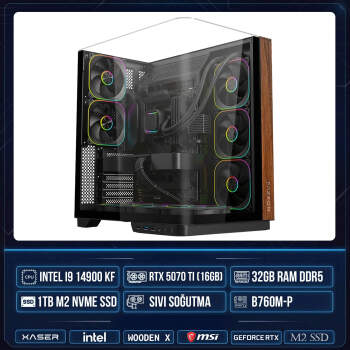 Xaser WOODEN X250 i9 14900KF 32GB DDR5 Ram 1TB M.2 NVMe SSD 16GB RTX5070 Ti Sıvı Soğutmalı Masaüstü Oyuncu OEM Bilgisayar - Xaser