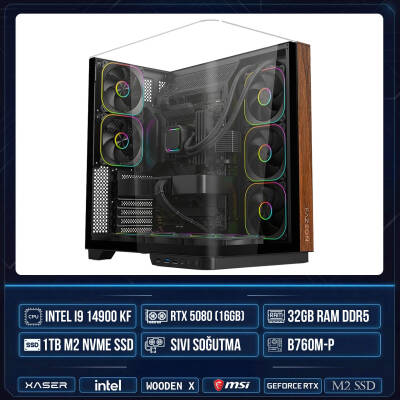 Xaser WOODEN X270 i9 14900KF 32GB DDR5 Ram 1TB M.2 NVMe SSD 16GB RTX5080 Sıvı Soğutmalı Masaüstü Oyuncu OEM Bilgisayar - 1