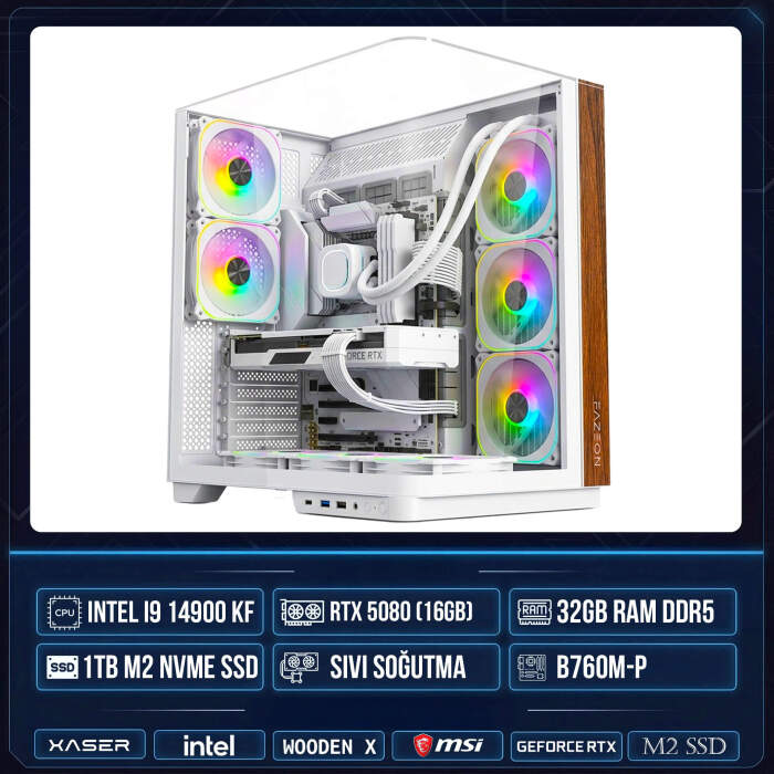 Xaser WOODEN X280 i9 14900KF 32GB DDR5 Ram 1TB M.2 NVMe SSD 16GB RTX5080 Sıvı Soğutmalı Masaüstü Oyuncu OEM Bilgisayar - 1