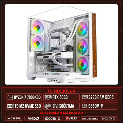 Xaser WOODEN X80 Ryzen 7 7800X3D 32GB DDR5 Ram 1TB M.2 NVMe SSD 8GB RTX5060 Sıvı Soğutmalı Masaüstü Oyuncu OEM Bilgisayar - 1