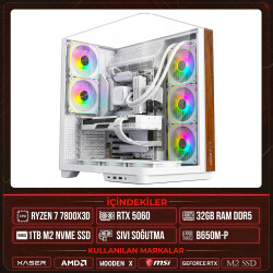 Xaser WOODEN X80 Ryzen 7 7800X3D 32GB DDR5 Ram 1TB M.2 NVMe SSD 8GB RTX5060 Sıvı Soğutmalı Masaüstü Oyuncu OEM Bilgisayar - Xaser