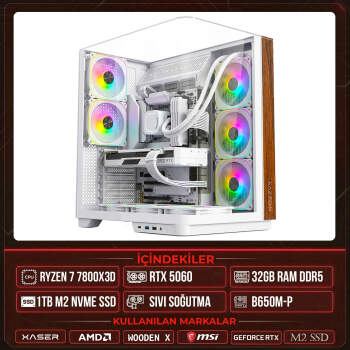 Xaser WOODEN X80 Ryzen 7 7800X3D 32GB DDR5 Ram 1TB M.2 NVMe SSD 8GB RTX5060 Sıvı Soğutmalı Masaüstü Oyuncu OEM Bilgisayar - Xaser
