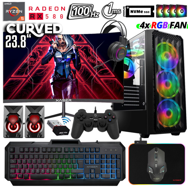Xaser Xsr1037 Ryzen 5 3600 16GB Ram 512GB M.2 NVMe SSD 8GB RX580 23.8 100Hz Curved Oyun Hazır Sistem - 1