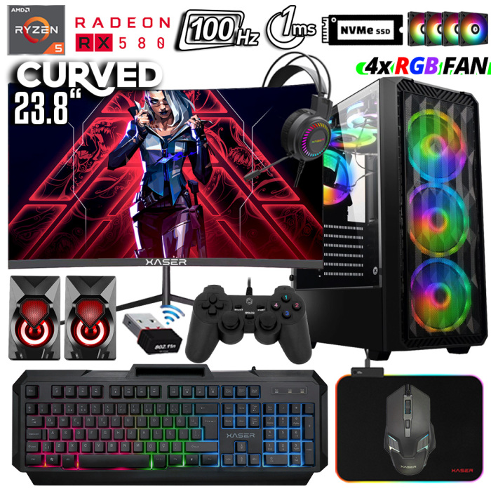 Xaser Xsr1037 Ryzen 5 3600 16GB Ram 512GB M.2 NVMe SSD 8GB RX580 23.8 100Hz Curved Oyun Hazır Sistem - 1