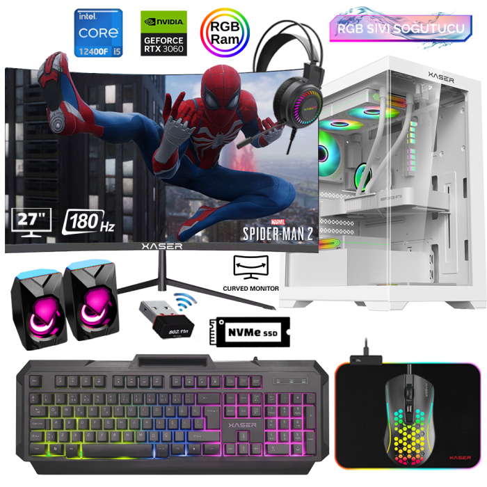 Xaser Xsr801 i5 12400F 16GB Ram 512GB M.2 NVMe SSD 12GB RTX3060 27Curved 180Hz Sıvı Soğutma Oyuncu Tavsiye Sistem - 1