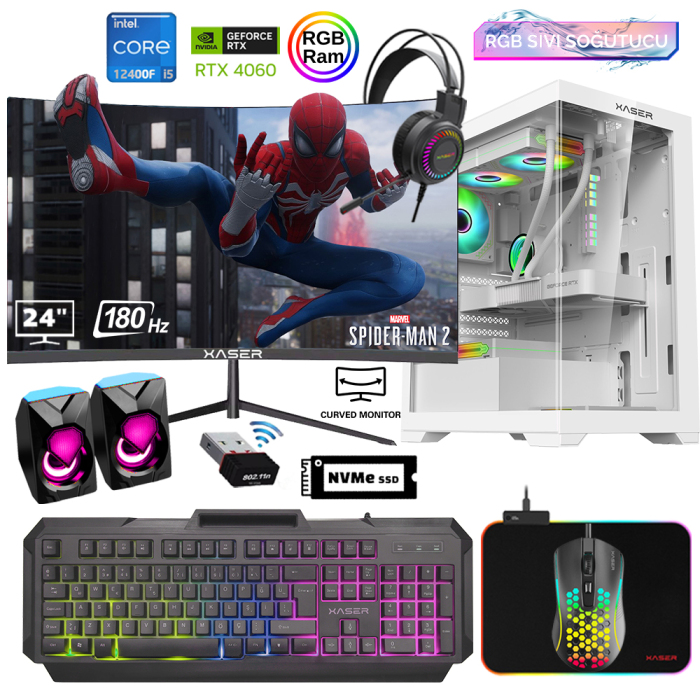Xaser Xsr803 i5 12400F 16GB Ram 512GB M.2 NVMe SSD 8GB RTX4060 24Curved 180Hz Sıvı Soğutma Oyuncu Tavsiye Sistem - 1