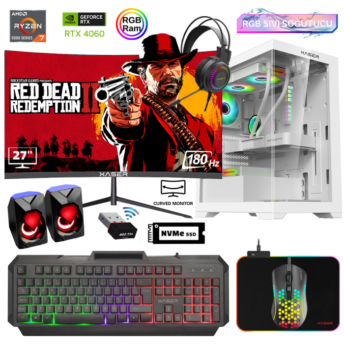 Xaser Xsr828 Ryzen 7 5700x 16GB Ram 512GB M.2 NVMe SSD 8GB RTX4060 27Curved 180Hz Sıvı Soğutma Oyuncu Tavsiye Sistem - 1