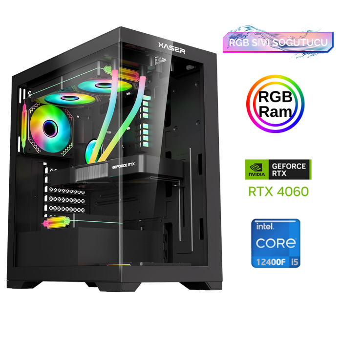Xaser Xsr838 i5 12400F 16GB Ram 512GB M.2 NVMe SSD 8GB RTX4060 Sıvı Soğutma Oyun Hazır Sistem - 1