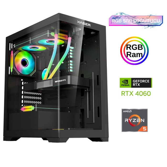 Xaser Xsr850 Ryzen 5 5600 16GB Ram 512GB M.2 NVMe SSD 8GB RTX4060 Sıvı Soğutma Oyun Hazır Sistem - 1