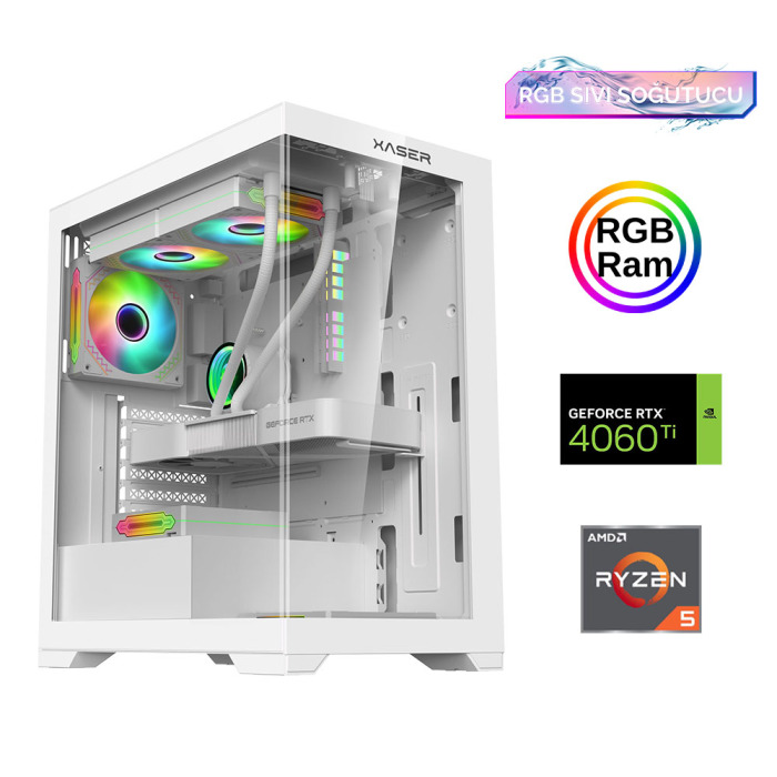 Xaser Xsr902 Ryzen 5 5600 16GB Ram 512GB M.2 NVMe SSD 8GB RTX4060Ti Sıvı Soğutma Oyun Hazır Sistem - 1