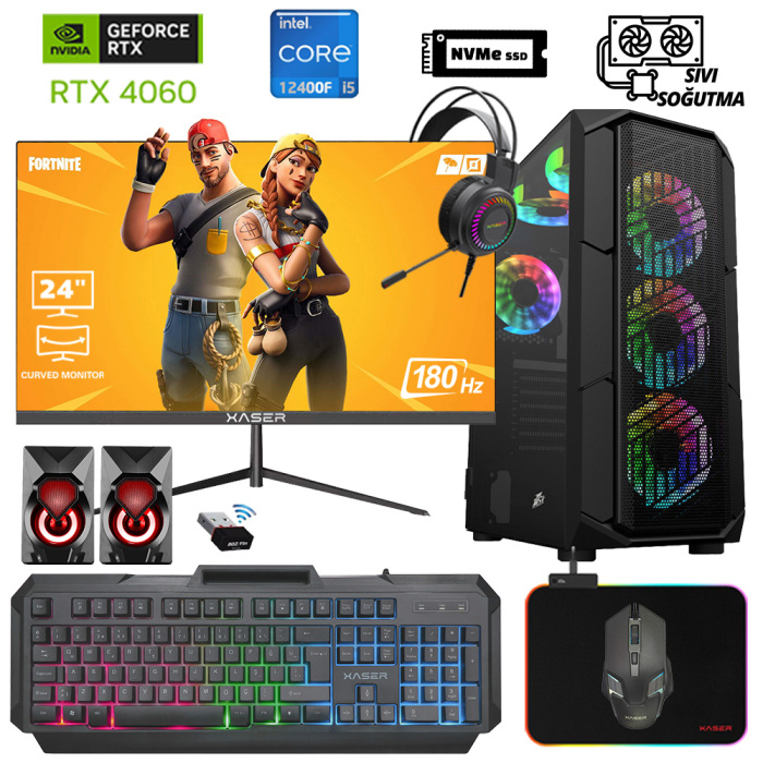 Xaser Xsr986 i5 12400F 16GB Ram 512GB M.2 NVMe SSD 8GB RTX4060 23.8 Curved 180Hz Sıvı Soğutma Oyuncu Tavsiye Sistem - 1
